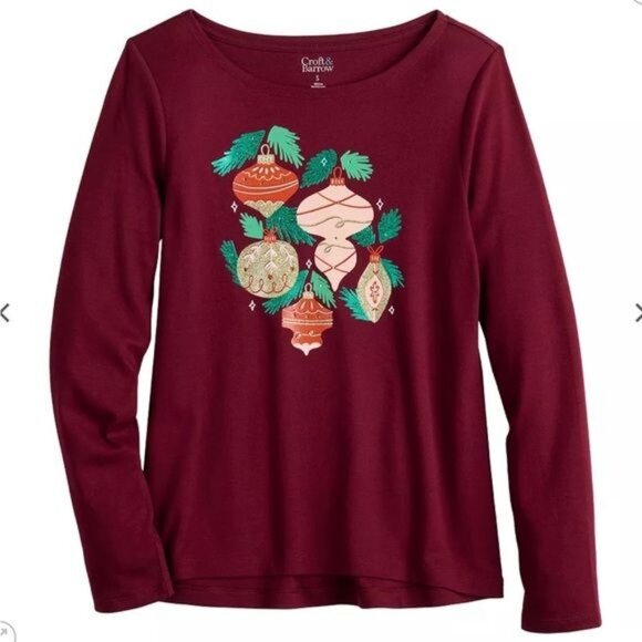 Croft & Barrow Women’s Plus Long Sleeve The Classic Tee Holiday Graphic Berry 4X - Picture 6 of 9